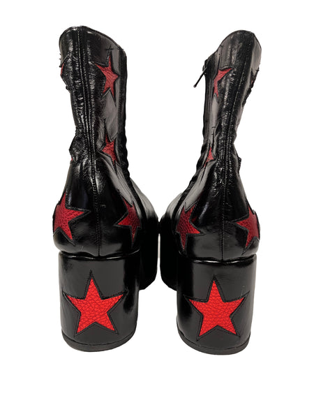 Stars Boots Semi Patent Vintage Black Italian leather and red