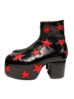 Stars Boots - Semi Patent Vintage Black Italian leather and red metallic